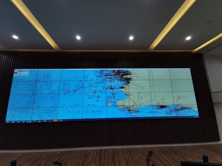 a big screen showing a chart of vessels' movement