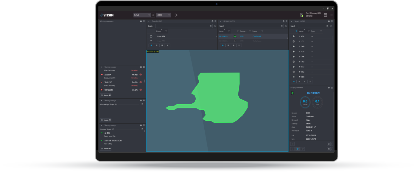 software interface that shows oil spill detection data of an area around an oil platform