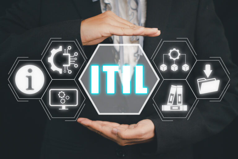 itil, information technology infrastructure library concept, person hand holding information technology infrastructure library icon on virtual screen.